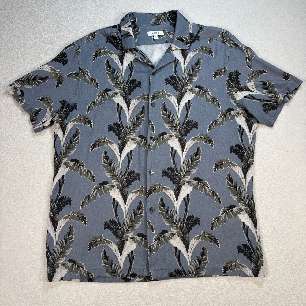 Reiss Mexicali Shirt Men's XL Blue Cuban Collar Leaf‎ Print Soft Beach Camp